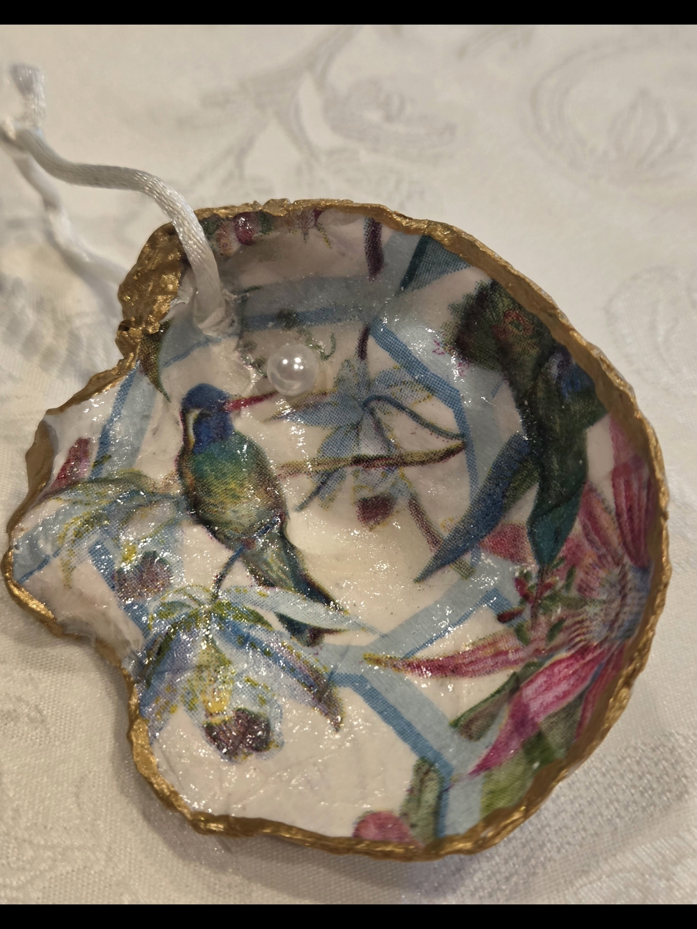 Hand-Painted Decoupaged Bird  On Vintage Oyster Shell Ornament
